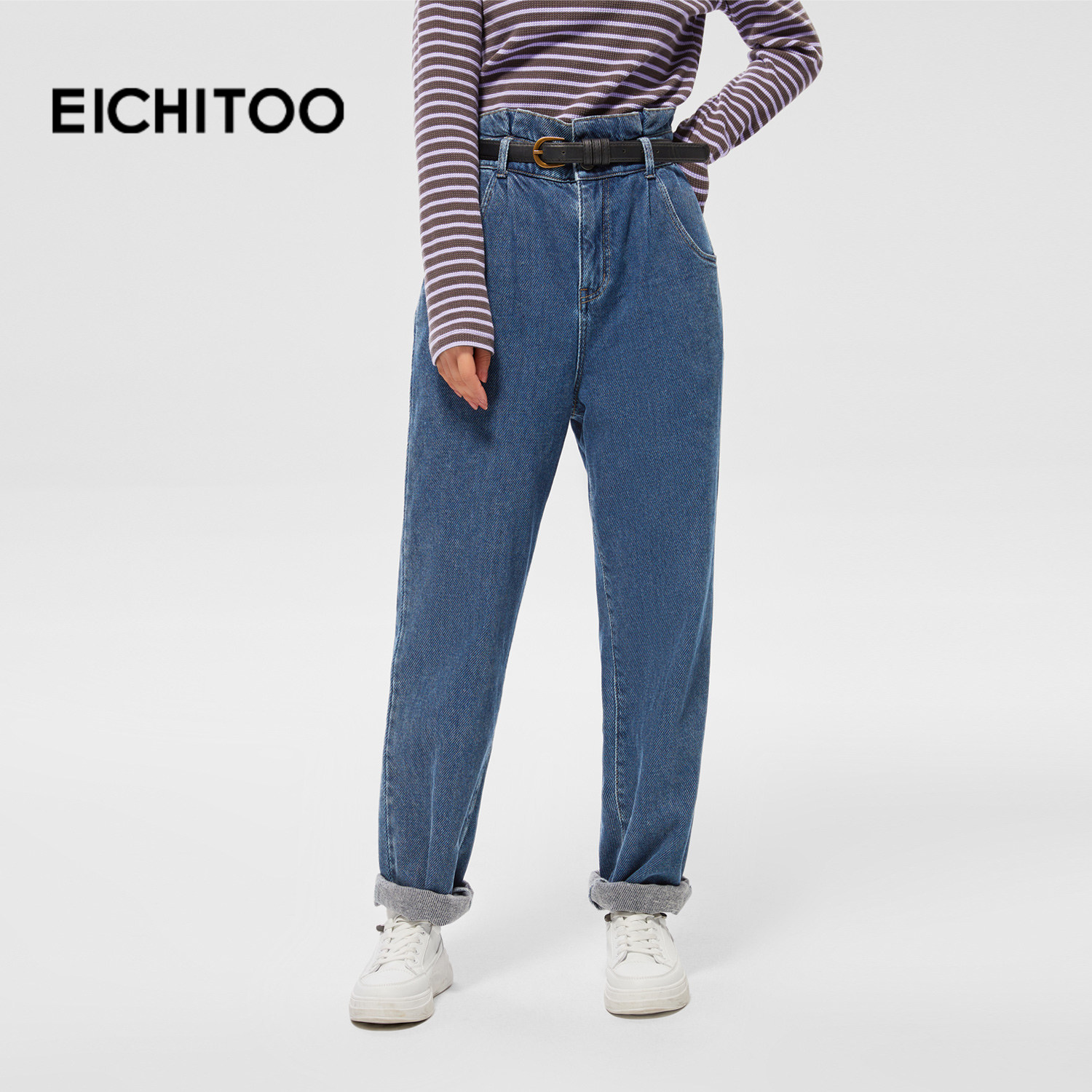 爱居兔花苞腰头牛仔裤2025年冬季新款女设计感时尚哈伦裤