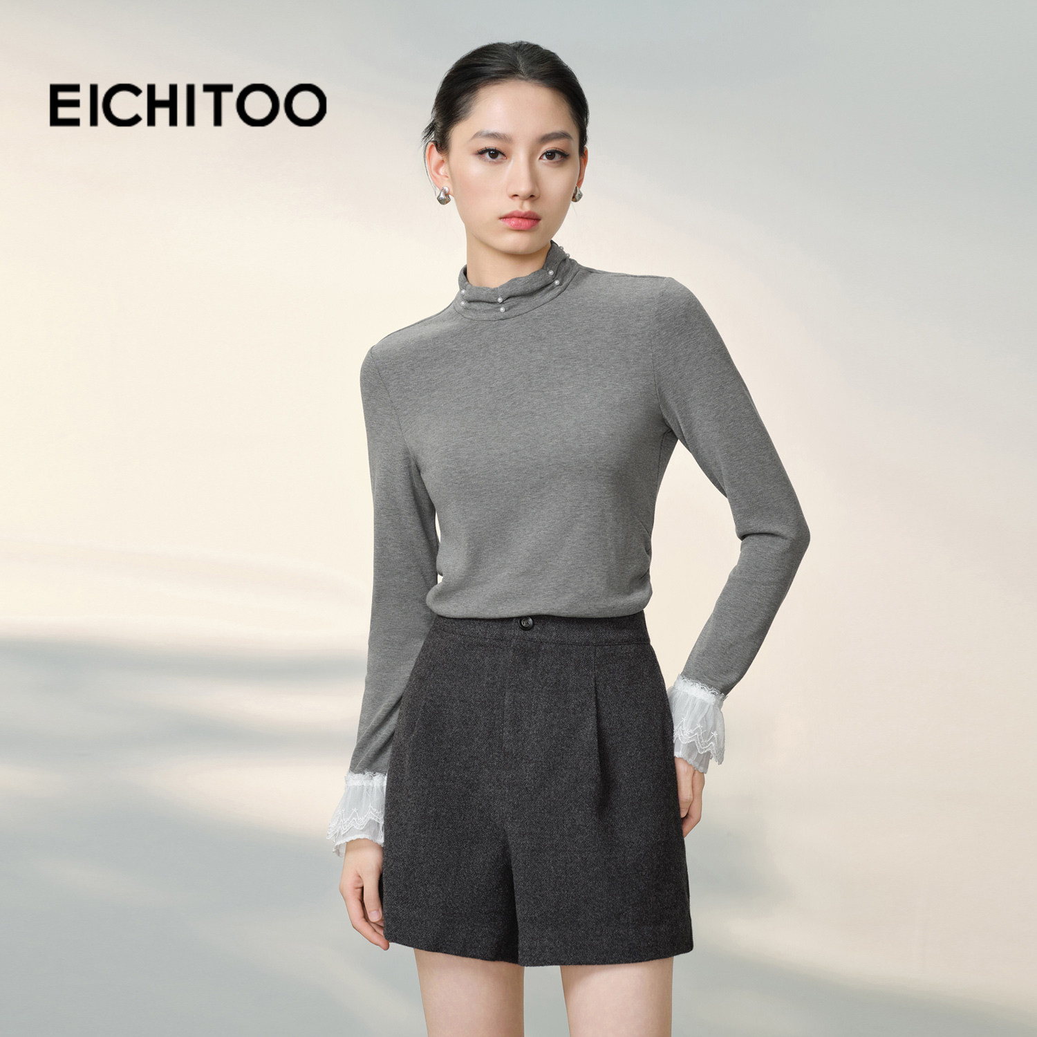 爱居兔半高领打底针织衫女2025年冬季新款设计感蕾丝袖口内搭上衣