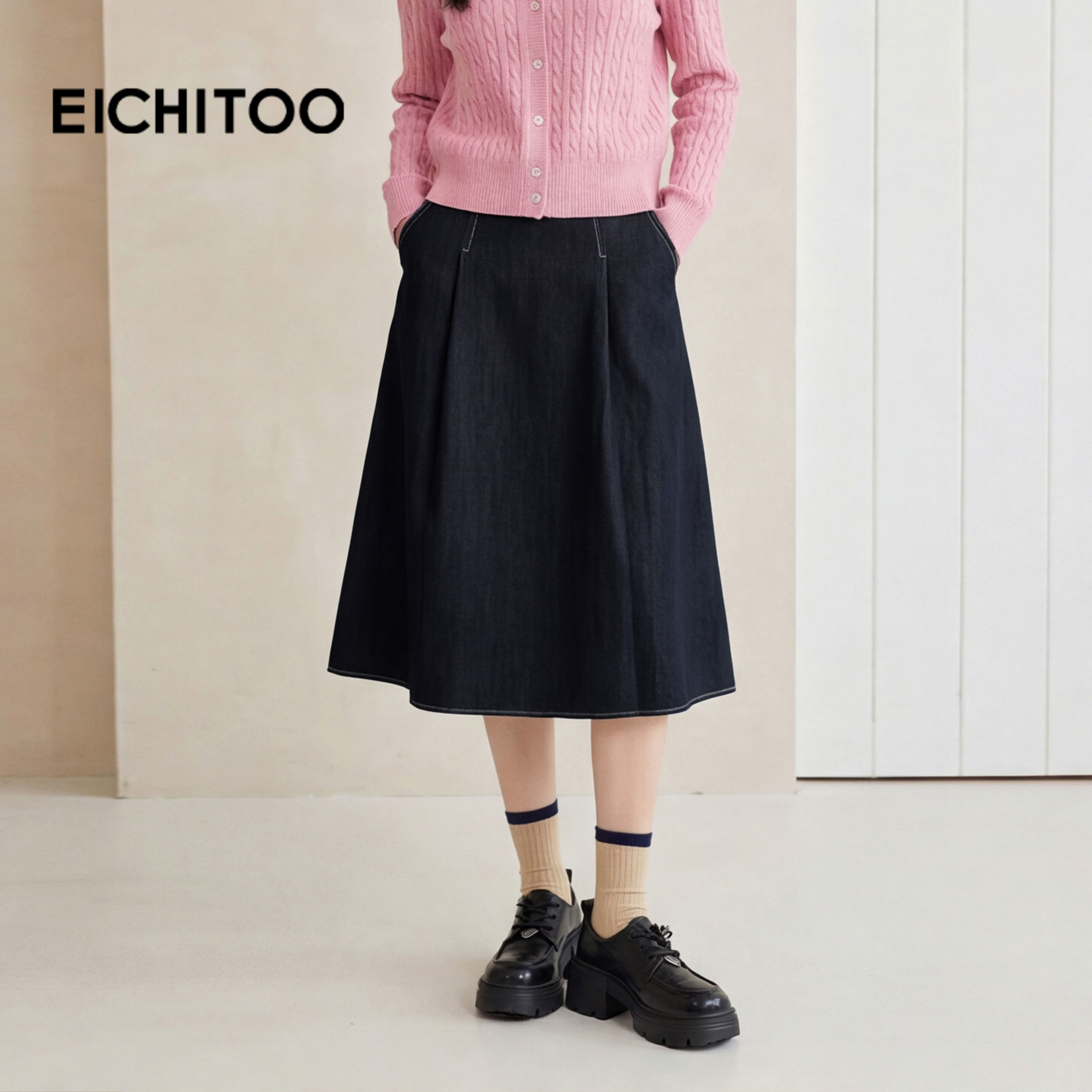 爱居兔学院风A字半身裙女2026年春季新款藏青高腰显瘦通勤中长裙