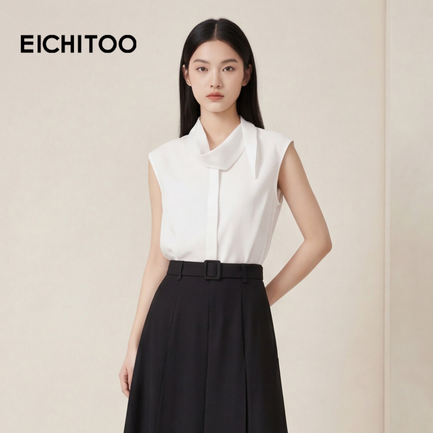 爱居兔静奢通勤气质雪纺衫2026年夏季新款女白设计无袖两件式衬衫