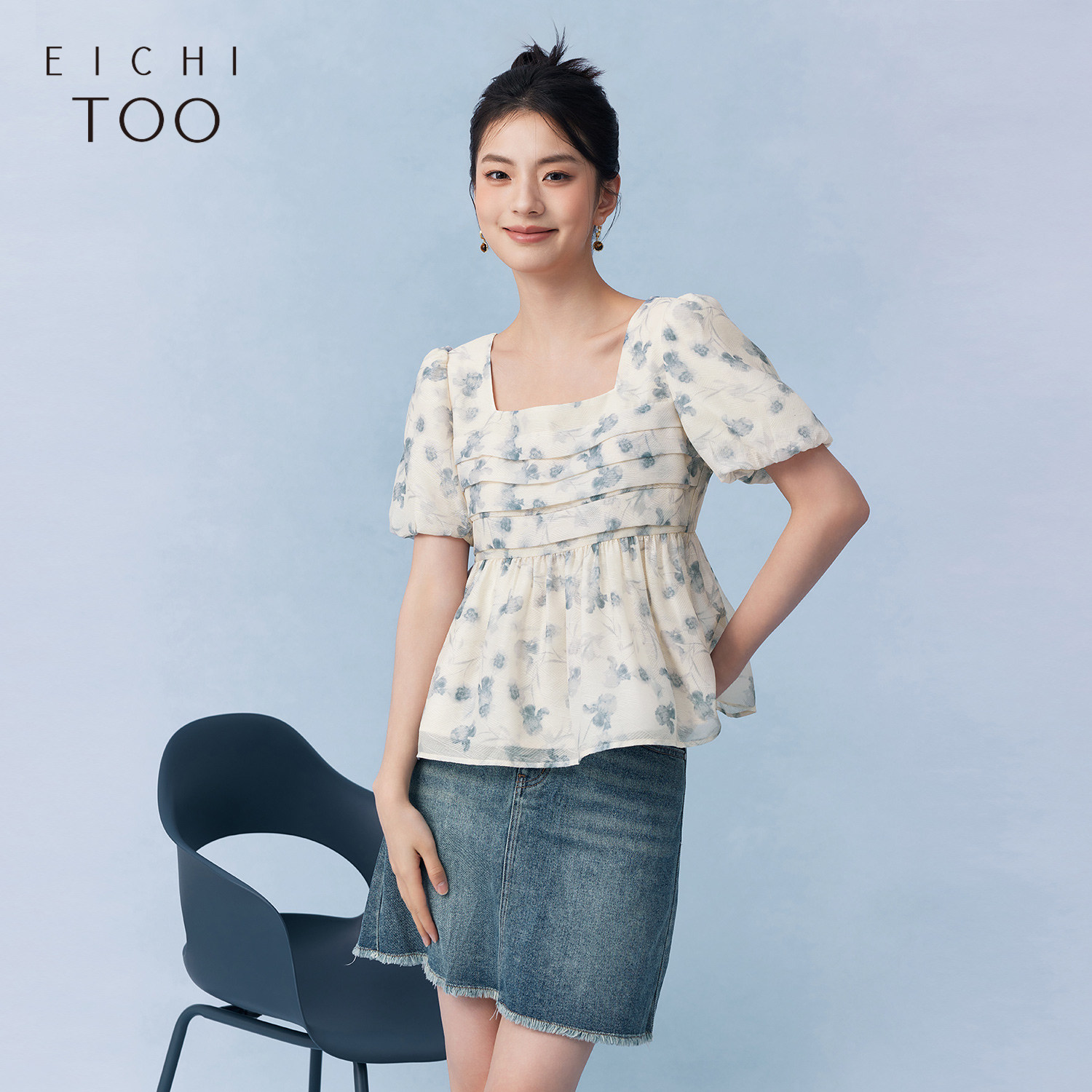 爱居兔夏季新款时尚印花优雅淑女短袖雪纺衫