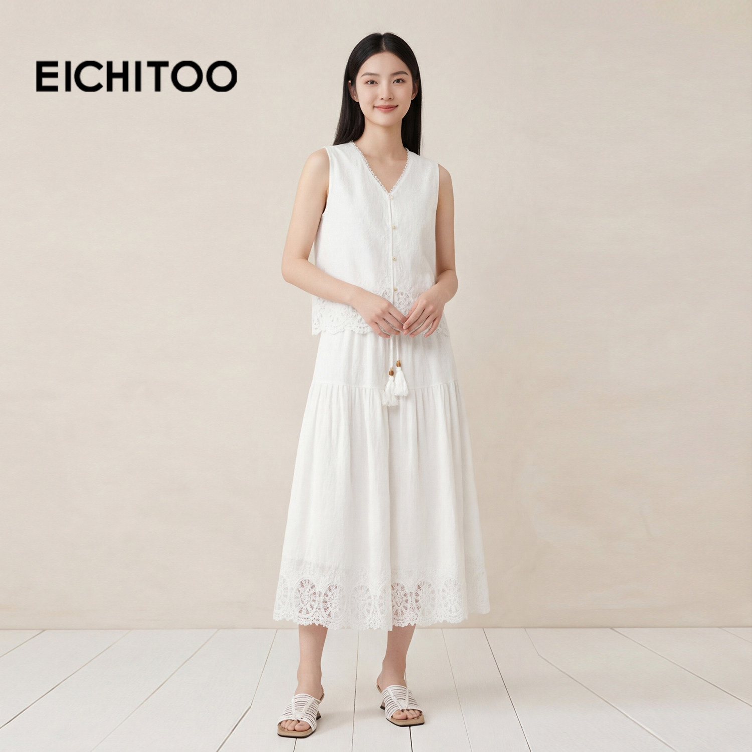 爱居兔优雅气质约会套装2026年夏季新款女舒适轻薄小白裙套装