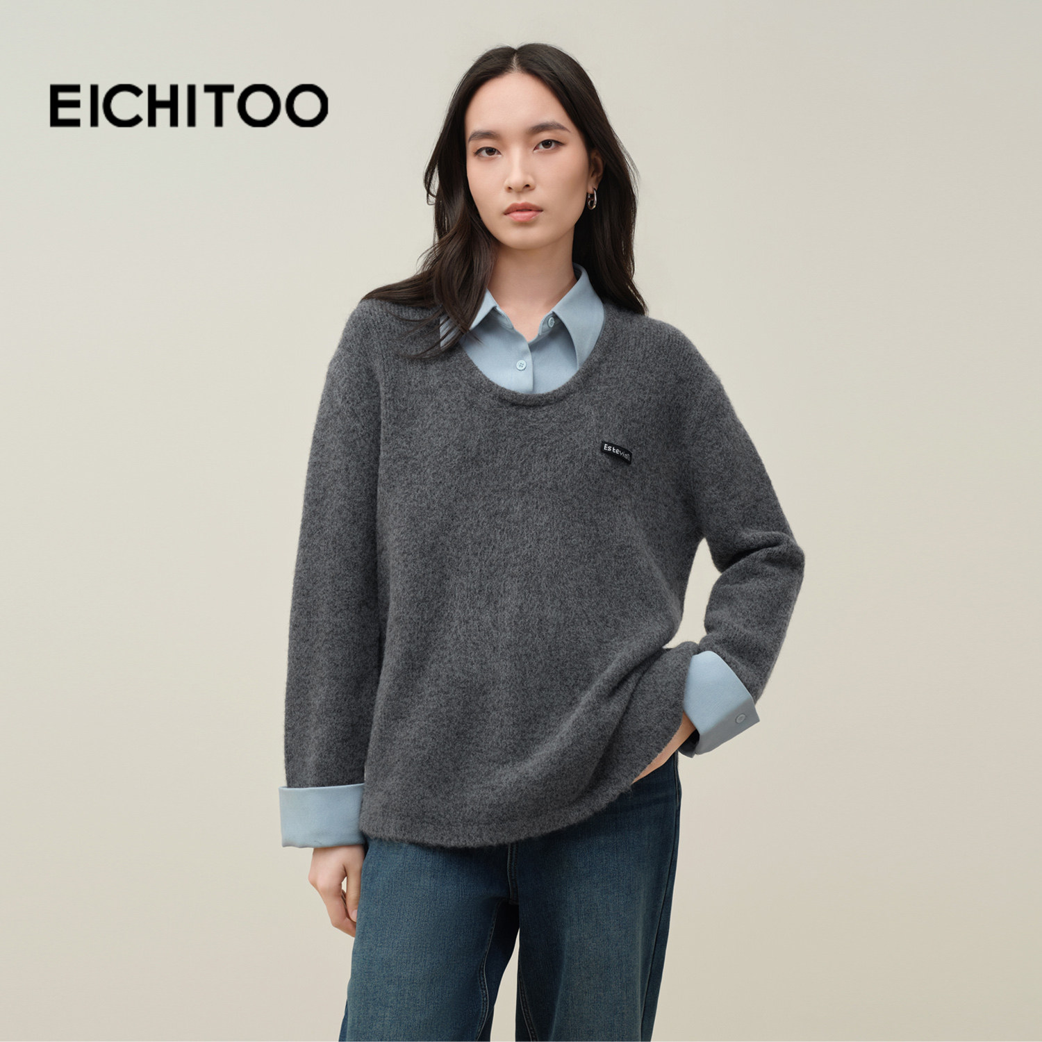 爱居兔灰色假两件polo领针织衫女2025年冬季新款宽松百搭休闲