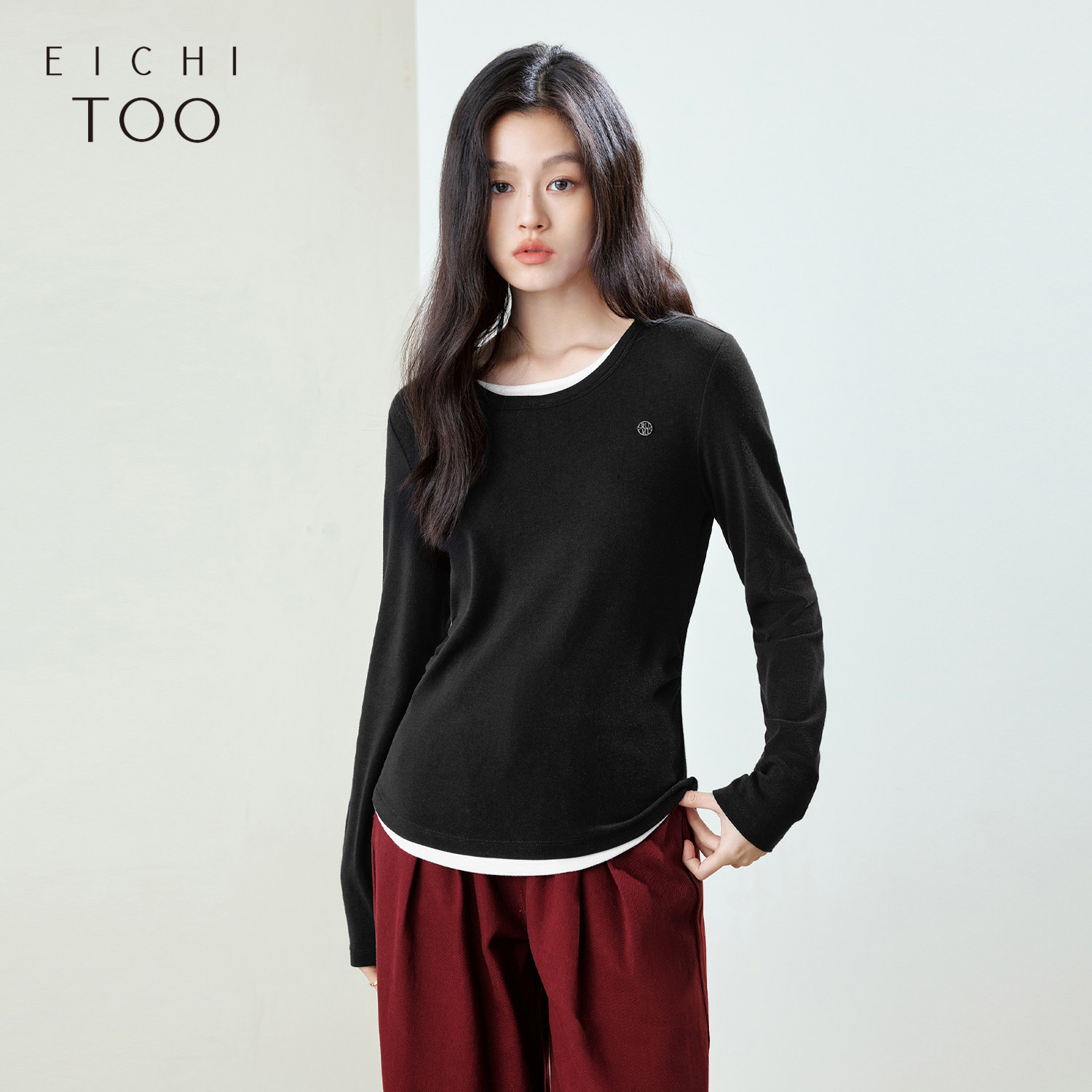 爱居兔假两件拼色打底衫女春秋新款收腰显瘦上衣长袖T恤