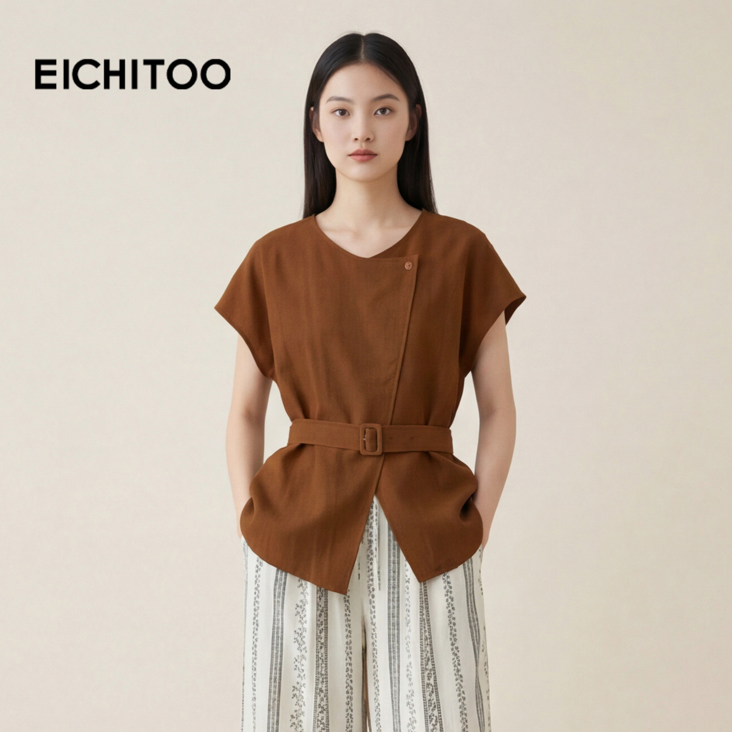 爱居兔静奢优雅显白雪纺衫2026年夏季新款收腰品质简约短袖上衣