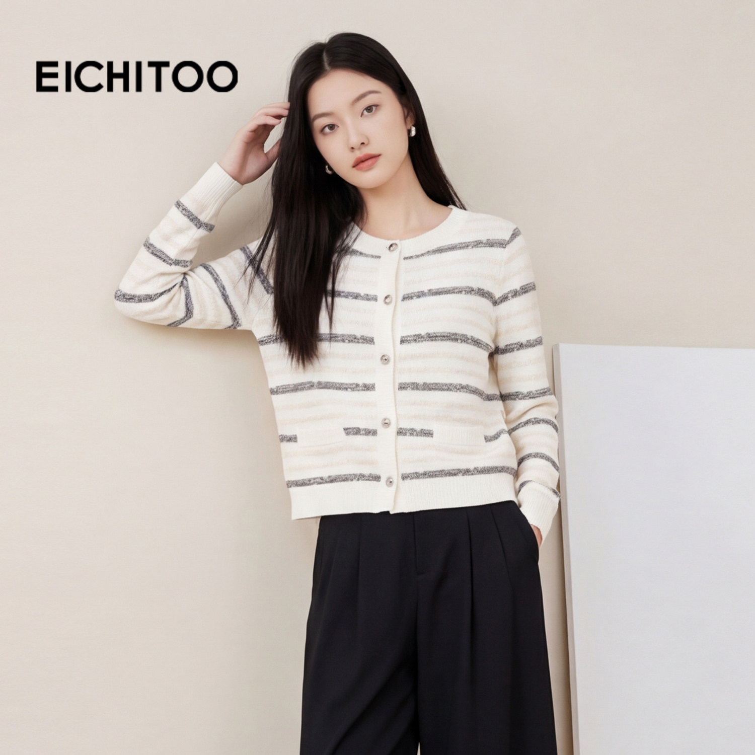 爱居兔软糯条纹针织开衫女2026年春季新款简约时尚通勤毛衣外套