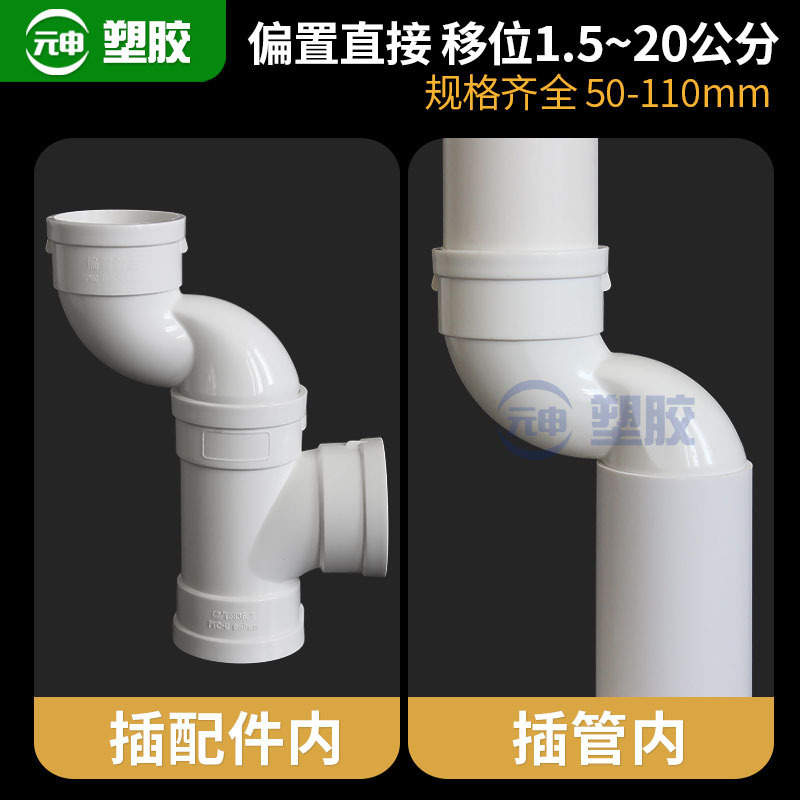 PVC偏置直接110下水管偏心直接50地漏移位接头75承插错位移位器厚