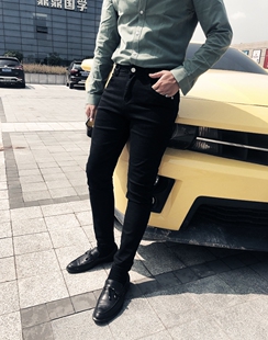 韩国款男士黑色九分牛仔裤潮流韩版休闲裤男式高弹力紧身小脚裤子