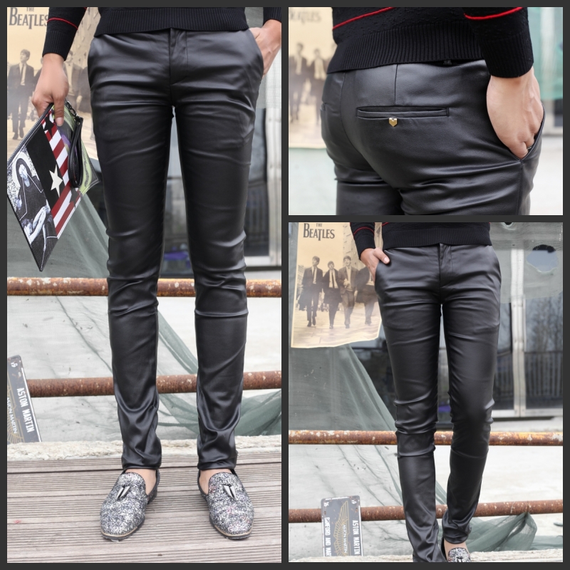 23秋冬款加绒涂层仿皮裤潮男修身小脚裤韩版紧身高弹男式休闲裤子