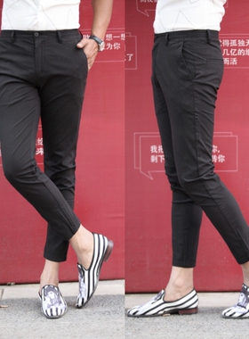 24夏季韩版潮流青绿色九分裤男修身型小脚裤潮男休闲9分裤男裤子
