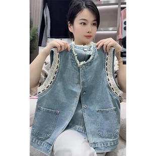 欧货时髦蕾丝拼接牛仔马甲2025春秋新款 洋气宽松百搭胖mm外套 大码