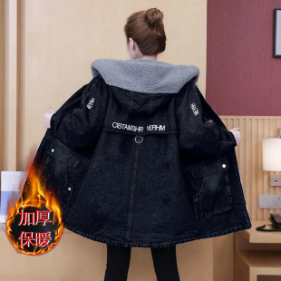 大码女士中长款加绒加厚牛仔棉衣棉服外套女冬季2026新款爆款棉袄