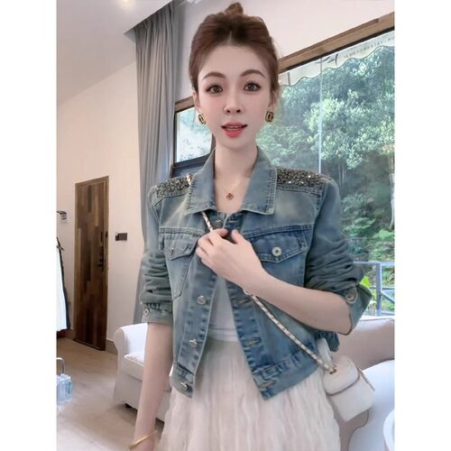 美式复古牛仔外套翻领钉珠上衣女