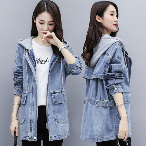 大码女装牛仔外套胖mm连帽风衣潮