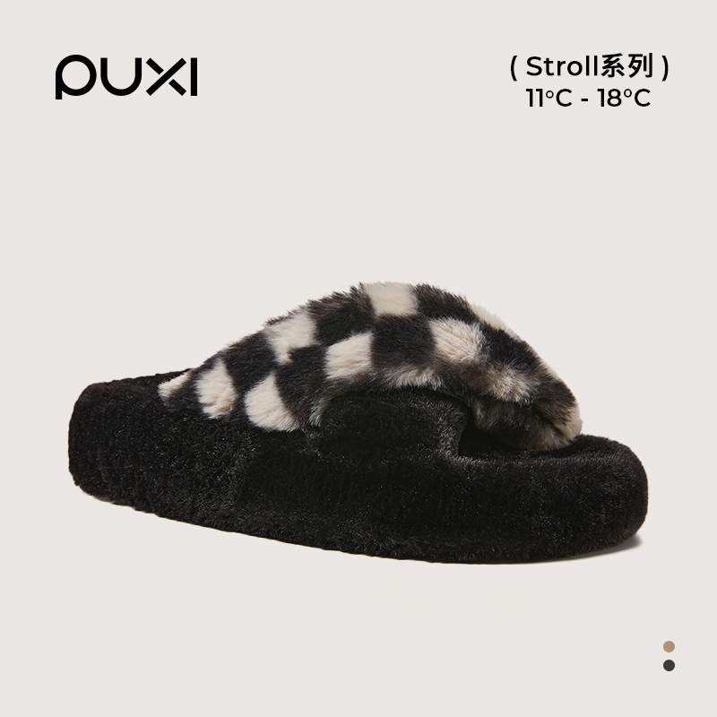 朴西无序厚底毛毛拖鞋女交叉带室内家居高级感秋冬可外穿毛绒拖鞋