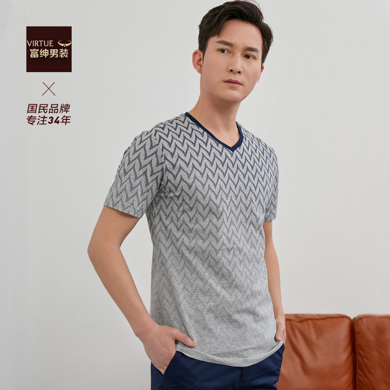 Virtue/富绅商务V领印花短袖男士夏装T恤Polo衫