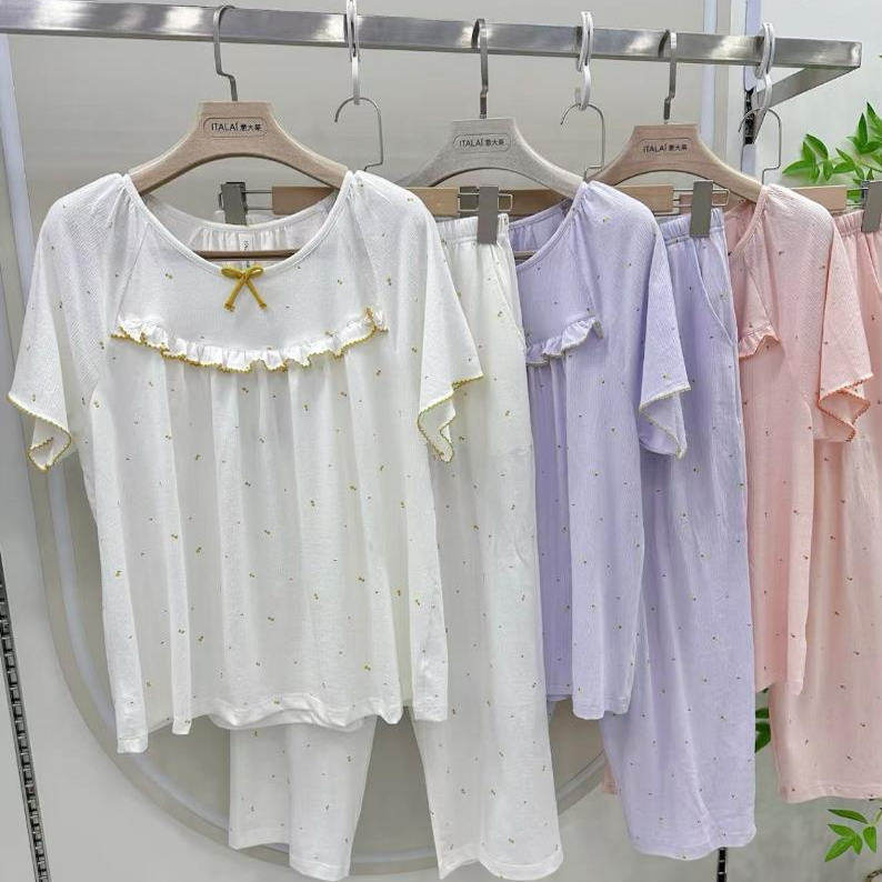 意大莱春夏女冰感棉提花U领休闲短袖学生7分裤家居服套装可爱5329