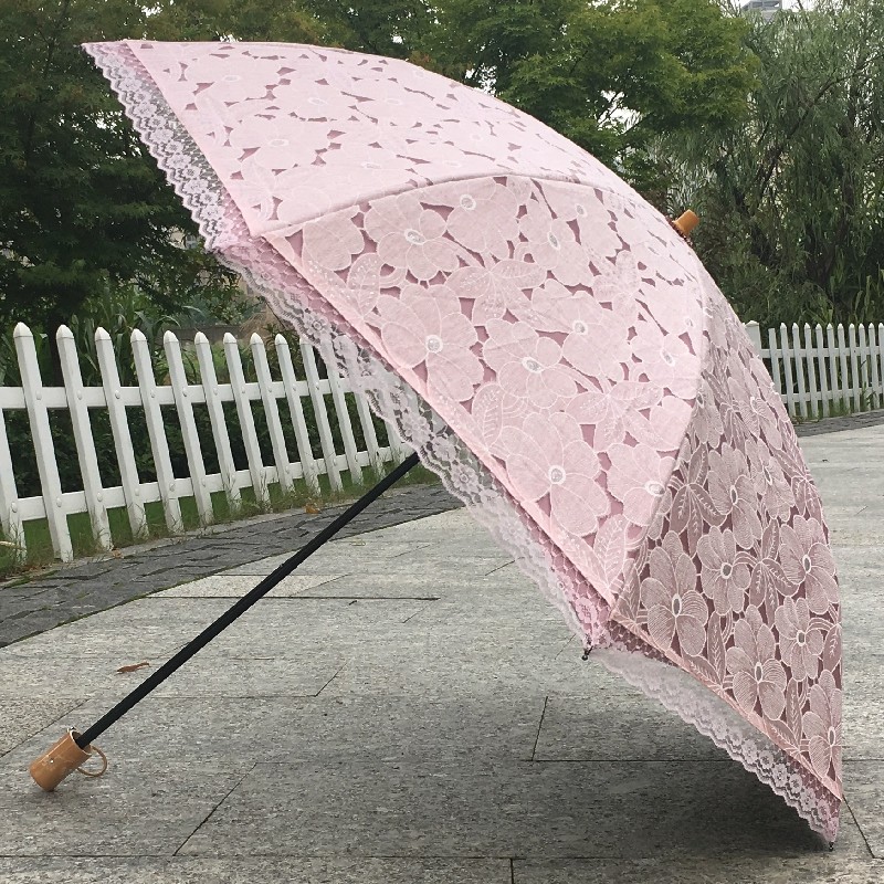 太阳伞二折双层黑胶粉色烧花蕾丝花边防晒防紫外线遮阳伞晴雨伞女