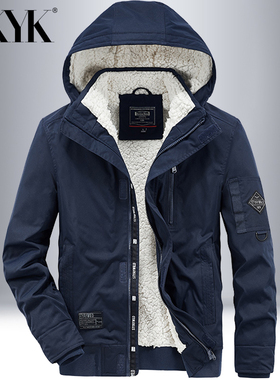 AK秋冬款男连帽羊羔绒外套宽松大码防风防水保暖加绒加厚棉服夹克