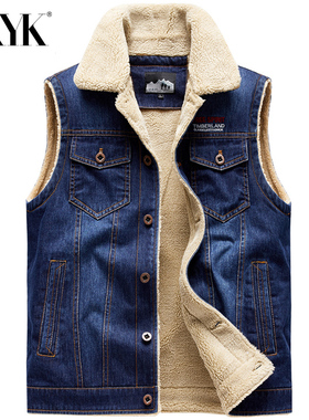 秋冬牛仔马甲男加绒加厚背心羊羔毛外套工装多口袋坎肩钓鱼马夹男