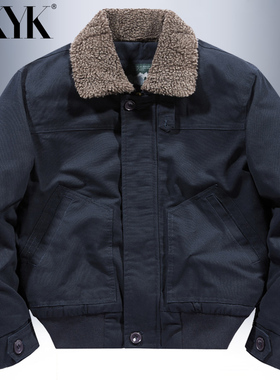 AK冬季翻领羊羔绒棉服男加绒加厚外套宽松青年休闲多口袋工装棉服