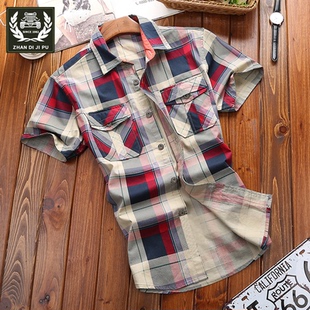 男士 宽松大码 开衫 2018夏季 短袖 格子衬衫 上衣纯棉休闲衬衣薄款 新款