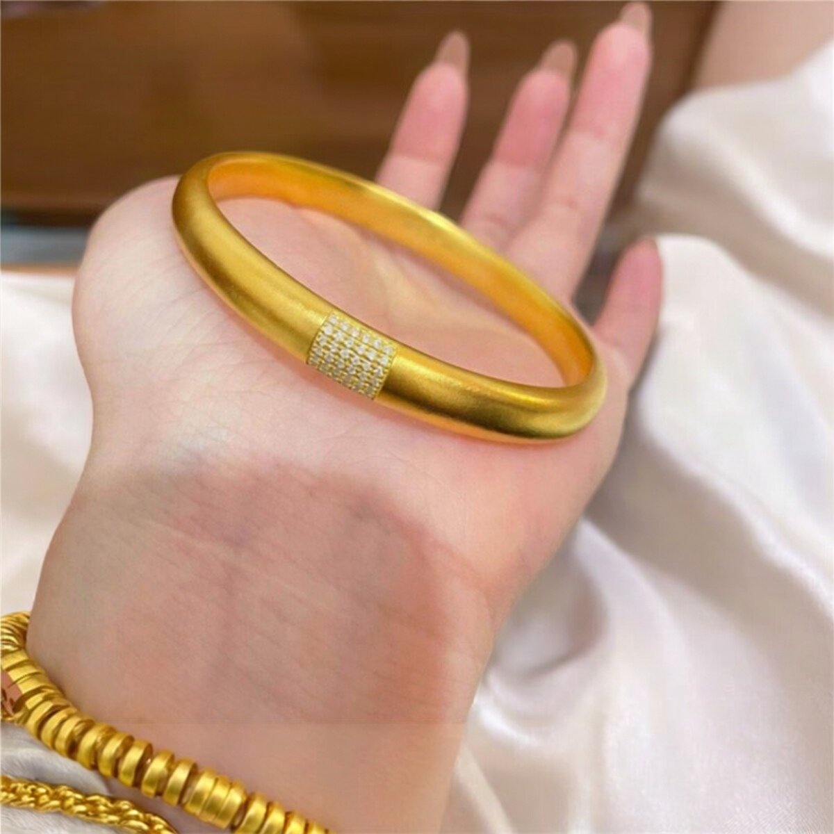 老铺金包银镶钻花开富贵手镯女实心高级感轻奢小众不掉色金色手环