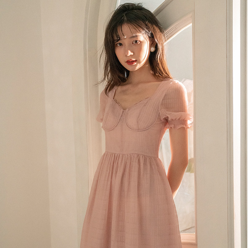 少女纯色泡泡袖自制初恋仙女裙图片