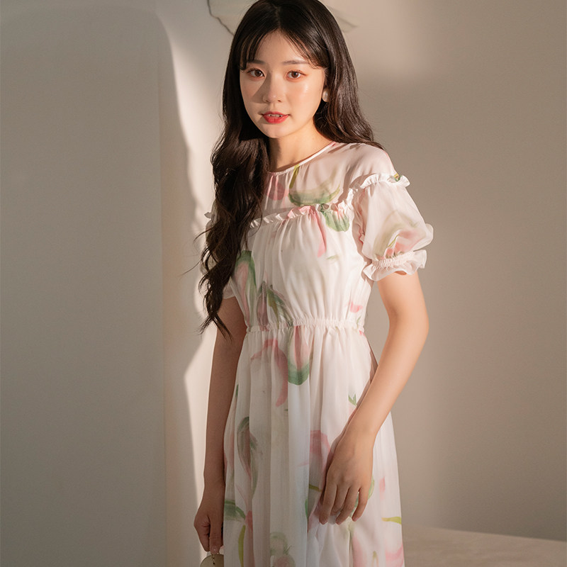 温柔初恋风印花长裙子图片