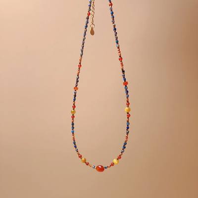 国风青金天然石红玛瑙彩色串珠项链原创设计小众首饰复古氛围感女