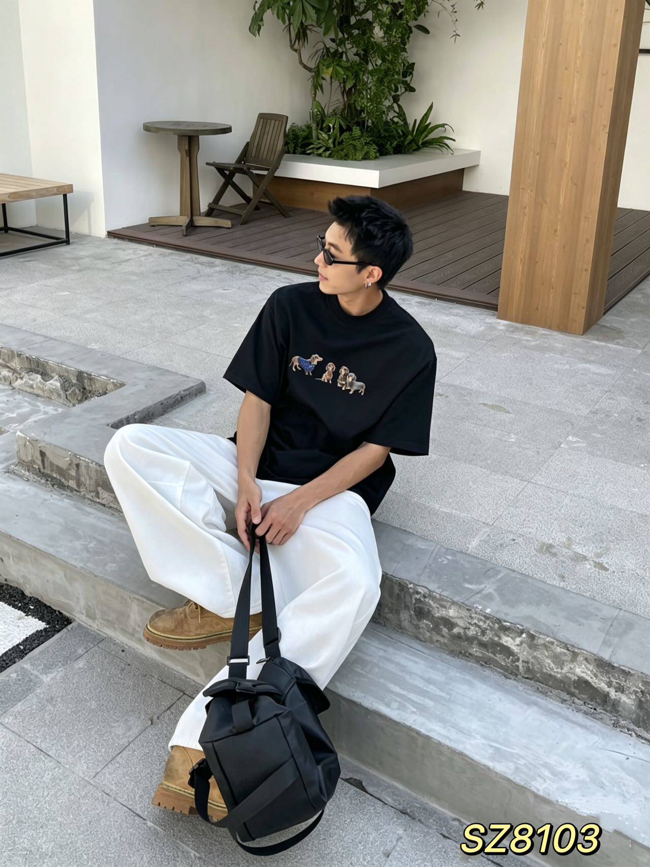 2026夏季新款男士短袖T恤宽松圆领印花小狗图案潮牌帅气学生半袖