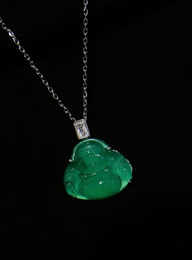 S925银天然绿玉髓项链阳绿佛公吊坠新中式国风大肚子弥勒锁骨链