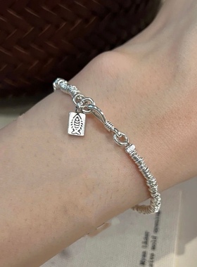 小鱼盘缠纯银叠戴手链女复古时尚几何方牌手环小众设计感手饰潮