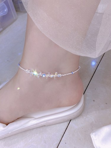 925纯银珠珠水晶闪亮女士细款脚链饰品足环小清新闺蜜首饰