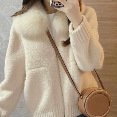 独特漂亮的米白色慵懒风小个子短款加厚摇粒绒羊羔毛外套女款冬季