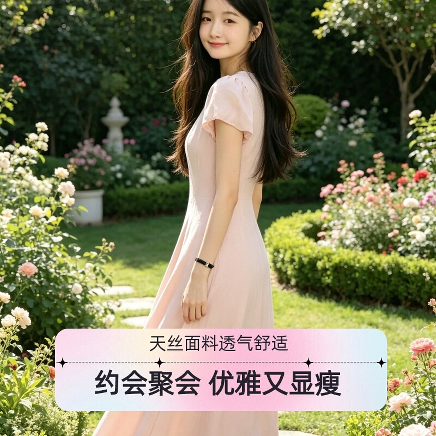 少女粉显瘦收腰连衣长裙