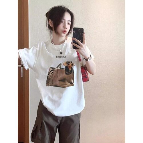 狗狗图案印花宽松休闲T恤女夏季慵懒高级感时尚短袖纯棉圆领上衣