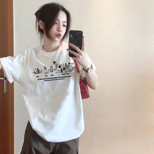 100%纯棉美式白色短袖t恤女新款夏季宽松潮牌设计感半袖上衣chic