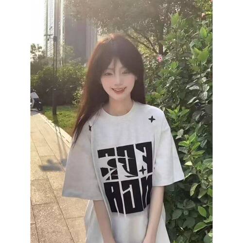 设计感圆领宽松纯棉短袖上衣女夏季新款美式复古字母印花百搭T恤
