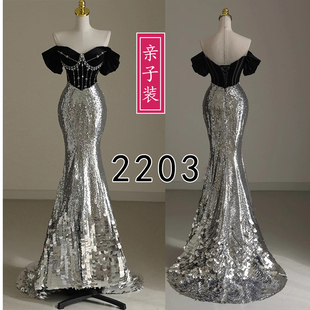 2203亲子装鱼尾拖尾礼服裙后抽带加拉链拖地新娘敬酒服走秀纸样图