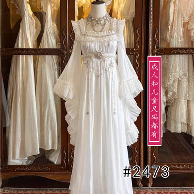 2473白色宫廷风连衣裙纸样方领喇叭袖帝政裙饰大摆长裙裁剪版型图