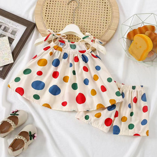 2025新款凉爽夏天套装儿童吊带短裤棉绸睡衣人造棉女童无袖家居服