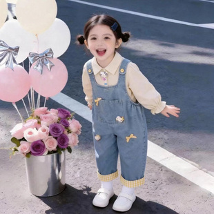 女童背带裤衬衣套装春装女孩宝宝春秋长裤长袖儿童牛仔裤春季裤子