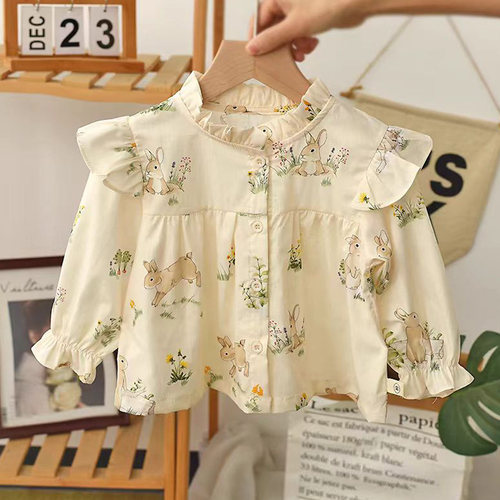 清仓女童衬衫春秋上衣洋气2026新款儿童兔子衬衣女棉长袖衬衣透气