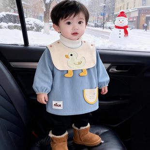 秋冬洋气外穿男童围裙1到3岁儿童围衣防水防脏宝宝围兜反穿衣倒褂