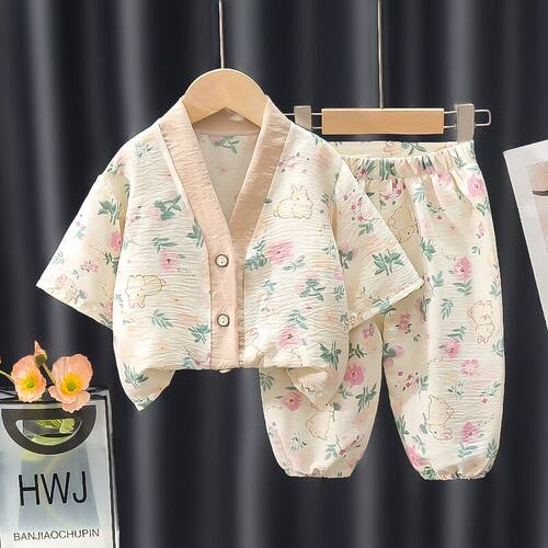 2026春夏季新款儿童睡衣套装宝宝短款七分袖空调服男女童居家服装