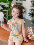 Летняя одежда, платье, ципао, летняя юбка, детский наряд маленькой принцессы, детская одежда, китайский стиль, цветочный принт