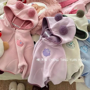 童装秋冬季外套保暖加厚男女童宝宝可爱卡通连帽开衫毛绒衣服