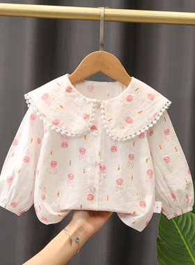 清仓洋气女童刺绣大翻领衬衫儿童花边纯棉小公主衬衣女孩小童上衣