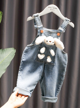 春装女童背带裤套装牛仔网红女宝宝长裤可爱女童衬衫韩潮2026兔子